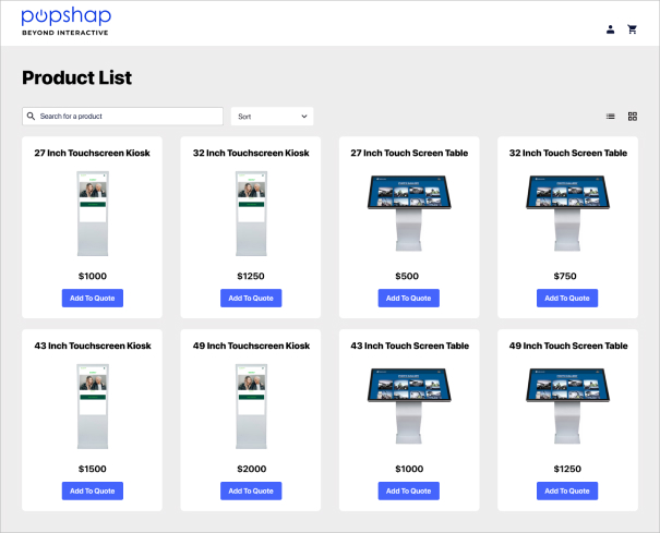 Screenshot of product list